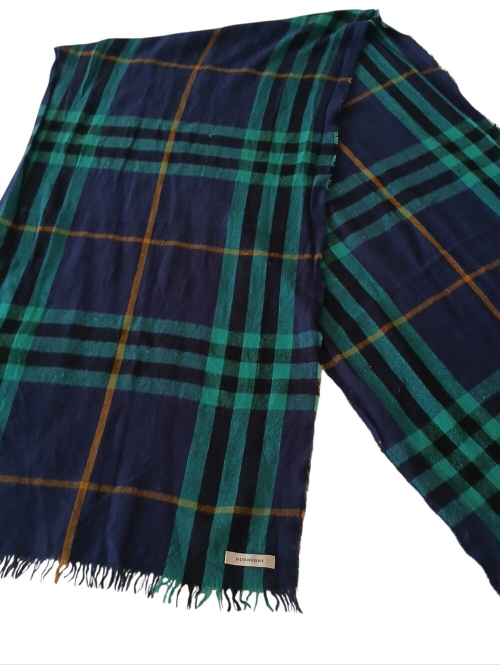 Burberry Signature Check Cashmere Scarf Raw Fringe Navy Green Plaid Academia